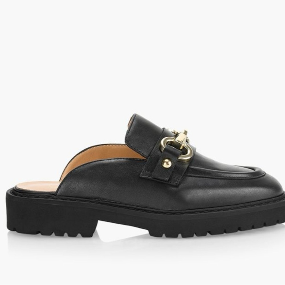 Black Leather Mules with Gold Buckle